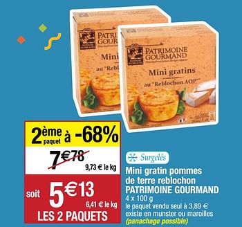 Promoties Mini gratin pommes de terre reblochon patrimoine gourmand - Patrimoine Gourmand - Geldig van 22/09/2020 tot 27/09/2020 bij Migros