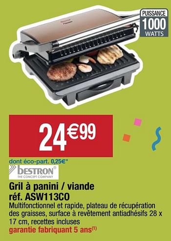 Promoties Bestron gril à panini - viande asw113co - Bestron - Geldig van 22/09/2020 tot 27/09/2020 bij Migros