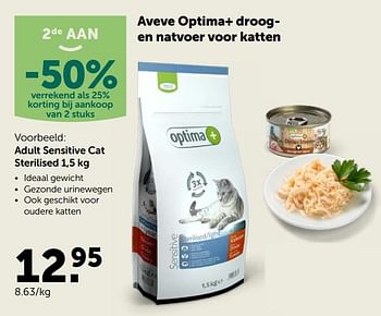 Promoties Aveve optima+ droog- en natvoer voor katten adult sensitive cat sterilise - Huismerk - Aveve - Geldig van 23/09/2020 tot 06/10/2020 bij Aveve
