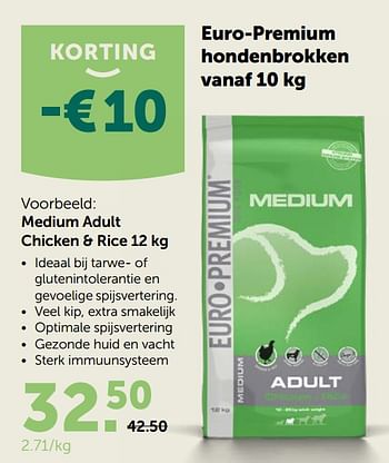 Promoties Euro-premium hondenbrokken medium adult chicken + rice - Euro Premium - Geldig van 23/09/2020 tot 06/10/2020 bij Aveve