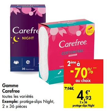 Promoties Gamme carefree protège-slips night - Carefree - Geldig van 23/09/2020 tot 28/09/2020 bij Carrefour