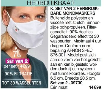 Promoties Set van 2 herbruikbare mondmaskers - Huismerk - Damart - Geldig van 22/09/2020 tot 15/12/2020 bij Damart