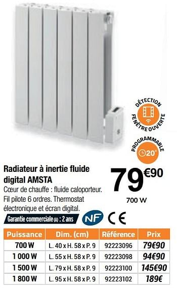 Promotions Radiateur à inertie fluide digital amsta - Produit Maison - Bricorama - Valide de 16/09/2020 à 04/10/2020 chez Bricorama