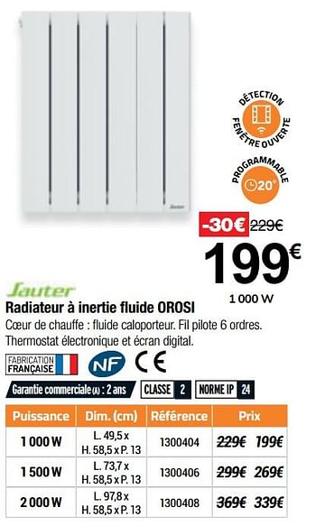 Promotions Sauter radiateur à inertie fluide orosi - Sauter - Valide de 16/09/2020 à 04/10/2020 chez Bricorama
