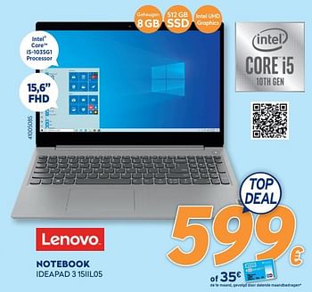 Promotions Lenovo notebook ideapad 3 15iil05 - Lenovo - Valide de 28/09/2020 à 31/10/2020 chez Krefel