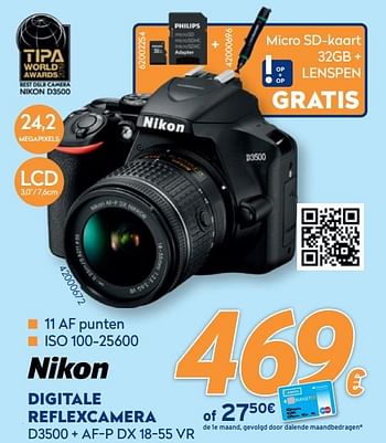 Promotions Nikon digitale reflexcamera d3500 + af-p dx 18-55 vr - Nikon - Valide de 28/09/2020 à 31/10/2020 chez Krefel