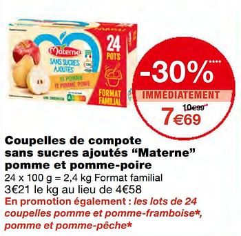 Promoties Coupelles de compote sans sucres ajoutés materne pomme et pomme-poire - Materne - Geldig van 23/09/2020 tot 04/10/2020 bij MonoPrix