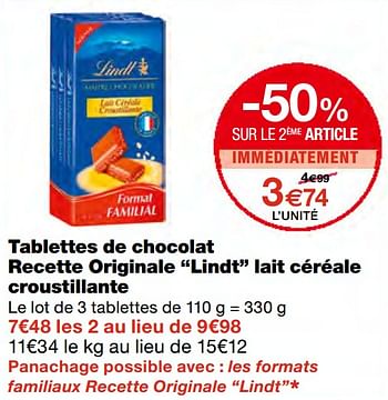 Promotions Tablettes de chocolat recette originale lindt lait céréale croustillante - Lindt - Valide de 23/09/2020 à 04/10/2020 chez MonoPrix
