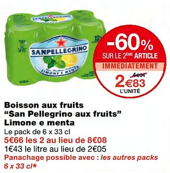 Promotions Boisson aux fruits san pellegrino aux fruits limone e menta - San Pellegrino - Valide de 23/09/2020 à 04/10/2020 chez MonoPrix
