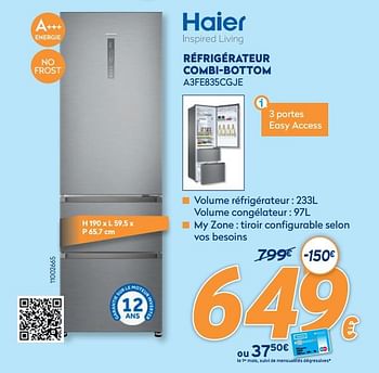 Promotions Hayer réfrigérateur combi-bottom a3fe835cgje - Haier - Valide de 28/09/2020 à 31/10/2020 chez Krefel