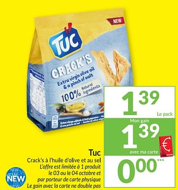Promotions Tuc crack`s à l`huile d`olive et au sel - Tuc - Valide de 29/09/2020 à 04/10/2020 chez Intermarche