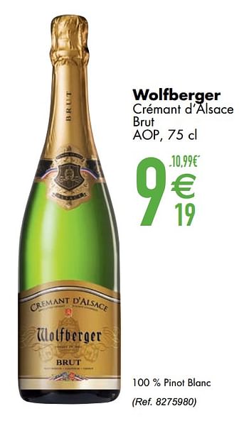 Promotions Wolfberger crémant d`alsace brut aop - Mousseux - Valide de 29/09/2020 à 26/10/2020 chez Cora