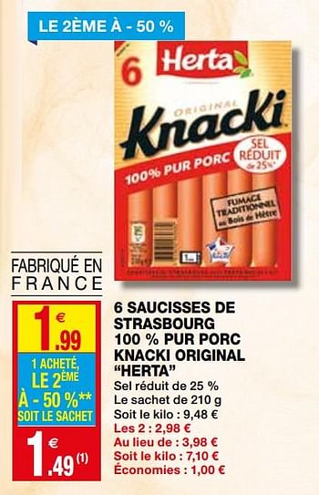 Promotions 6 saucisses de strasbourg 100 % pur porc knacki original herta - Herta - Valide de 23/09/2020 à 04/10/2020 chez Coccinelle