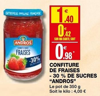 Promotions Confiture de fraises - 30 % de sucres andros - Andros - Valide de 23/09/2020 à 04/10/2020 chez Coccinelle