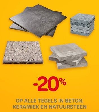 Promoties -20% op alle tegels in beton, keramiek en natuursteen - Huismerk - BricoPlanit - Geldig van 30/09/2020 tot 12/10/2020 bij BricoPlanit