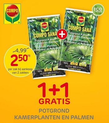 Promoties 1+1 gratis potgrond kamerplanten en palmen - Compo - Geldig van 30/09/2020 tot 12/10/2020 bij BricoPlanit