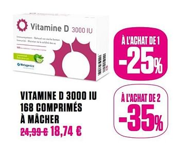 Promotions Vitamine d 3000 iu 168 comprimés à mâcher - Metagenics - Valide de 01/10/2020 à 30/11/2020 chez Medi-Market