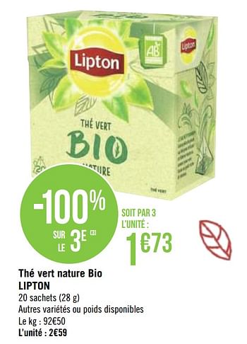 Promotions Thé vert nature bio lipton - Lipton - Valide de 21/09/2020 à 04/10/2020 chez Géant Casino