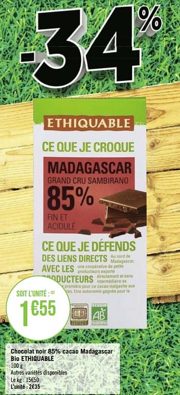 Promotions Chocolat noir 85% cacao madagascar bio ethiquable - Ethiquable - Valide de 21/09/2020 à 04/10/2020 chez Géant Casino