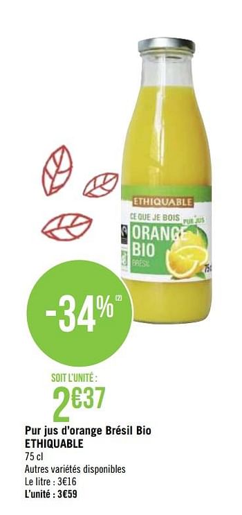 Promotions Pur jus d`orange brésil bio ethiquable - Ethiquable - Valide de 21/09/2020 à 04/10/2020 chez Géant Casino