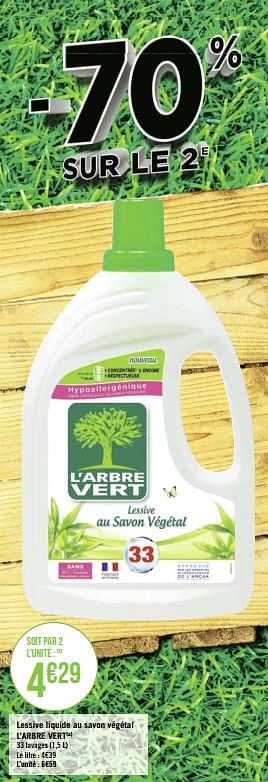 Promotions Lessive liquide au savon végétal l`arbre vert - L'arbre vert - Valide de 21/09/2020 à 04/10/2020 chez Géant Casino