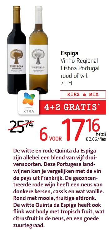 Promotions Espiga vinho regional lisboa portugal rood of wit - Vins blancs - Valide de 08/10/2020 à 21/10/2020 chez Spar (Colruytgroup)