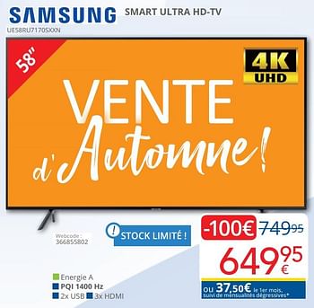 Promoties Samsung smart flat ultra hd-tv 58``-146 cm ue58ru7170sxxn - Samsung - Geldig van 01/10/2020 tot 25/10/2020 bij Eldi