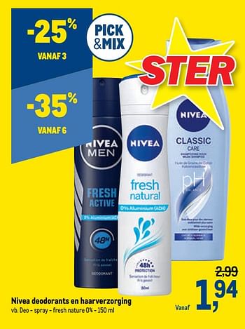 Promotions Nivea deodorants en haarverzorging deo - spray - fresh nature 0% - Nivea - Valide de 07/10/2020 à 20/10/2020 chez Makro
