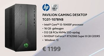 Promoties Hp pavilion gaming desktop tg01-1078nb - HP - Geldig van 14/09/2020 tot 31/10/2020 bij Exellent