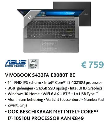 Promoties Asus vivobook s433fa-eb080t-be - Asus - Geldig van 14/09/2020 tot 31/10/2020 bij Exellent