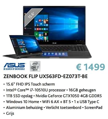 Promoties Asus zenbook flip ux563fd-ez073t-be - Asus - Geldig van 14/09/2020 tot 31/10/2020 bij Exellent