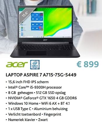 Promoties Acer laptop aspire 7 a715-75g-5449 - Acer - Geldig van 14/09/2020 tot 31/10/2020 bij Exellent