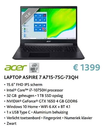 Promoties Acer laptop aspire 7 a715-75g-73qh - Acer - Geldig van 14/09/2020 tot 31/10/2020 bij Exellent