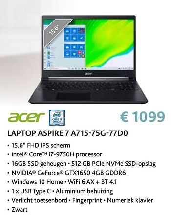 Promoties Acer laptop aspire 7 a715-75g-77d0 - Acer - Geldig van 14/09/2020 tot 31/10/2020 bij Exellent