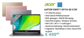 Promoties Acer laptop swift 1 sf114-32-c13f - Acer - Geldig van 14/09/2020 tot 31/10/2020 bij Exellent