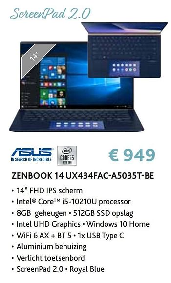 Promoties Asus zenbook 14 ux434fac-a5035t-be - Asus - Geldig van 14/09/2020 tot 31/10/2020 bij Exellent