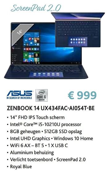 Promoties Asus zenbook 14 ux434fac-ai054t-be - Asus - Geldig van 14/09/2020 tot 31/10/2020 bij Exellent