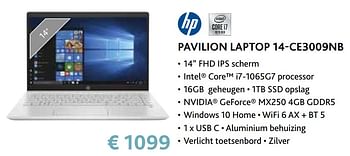 Promoties Hp pavilion laptop 14-ce3009nb - HP - Geldig van 14/09/2020 tot 31/10/2020 bij Exellent