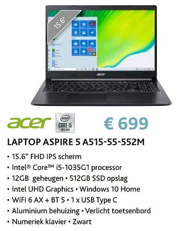 Promoties Acer laptop aspire 5 a515-55-552m - Acer - Geldig van 14/09/2020 tot 31/10/2020 bij Exellent