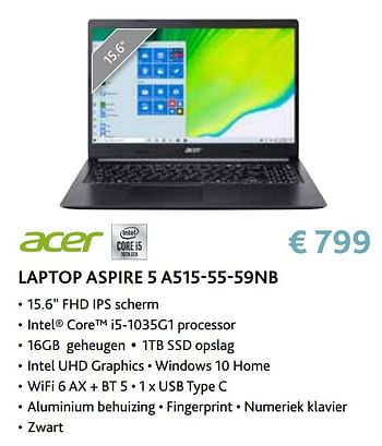 Promoties Acer laptop aspire 5 a515-55-59nb - Acer - Geldig van 14/09/2020 tot 31/10/2020 bij Exellent