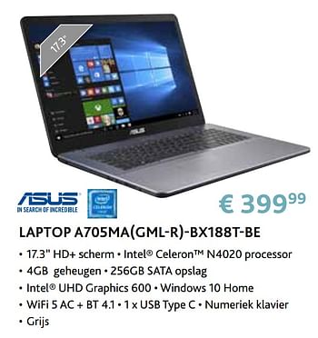 Promotions Asus laptop a705ma gml-r-bx188t-be - Asus - Valide de 14/09/2020 à 31/10/2020 chez Exellent