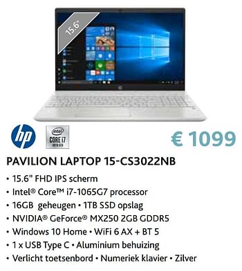 Promoties Hp pavilion laptop 15-cs3022nb - HP - Geldig van 14/09/2020 tot 31/10/2020 bij Exellent