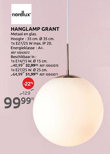 Promoties Hanglamp grant - nordlux - Geldig van 07/10/2020 tot 02/11/2020 bij BricoPlanit