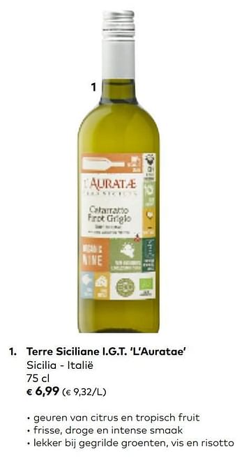 Promoties Terre siciliane i.g.t. l`auratae sicilia - italië - Witte wijnen - Geldig van 07/10/2020 tot 03/11/2020 bij Bioplanet
