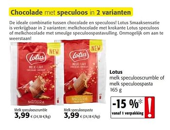 Promotions Lotus melk speculooscrumble of melk speculoospasta - Lotus Nalys - Valide de 07/10/2020 à 20/10/2020 chez Colruyt