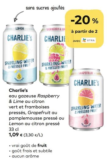 Promotions Charlie`s eau gazeuse raspberry + lime au citron vert et framboises pressés, grapefruit au pamplemousse pressé ou lemon au citron pressé - Charlie's Juice - Valide de 07/10/2020 à 03/11/2020 chez Bioplanet
