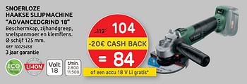 Promoties Bosch snoerloze haakse slijpmachine advancedgrind 18 - Bosch - Geldig van 14/10/2020 tot 26/10/2020 bij Brico