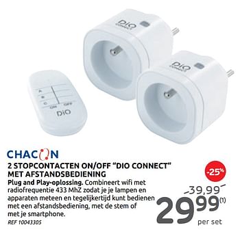 Promoties 2 stopcontacten on-off dio connect met afstandsbediening - Chacon - Geldig van 14/10/2020 tot 26/10/2020 bij Brico