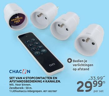 Promoties Set van 4 stopcontacten en afstandsbediening 4 kanalen - Chacon - Geldig van 14/10/2020 tot 26/10/2020 bij Brico