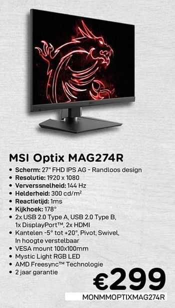 Promoties Msi optix mag274r - MSI - Geldig van 01/10/2020 tot 31/10/2020 bij Compudeals